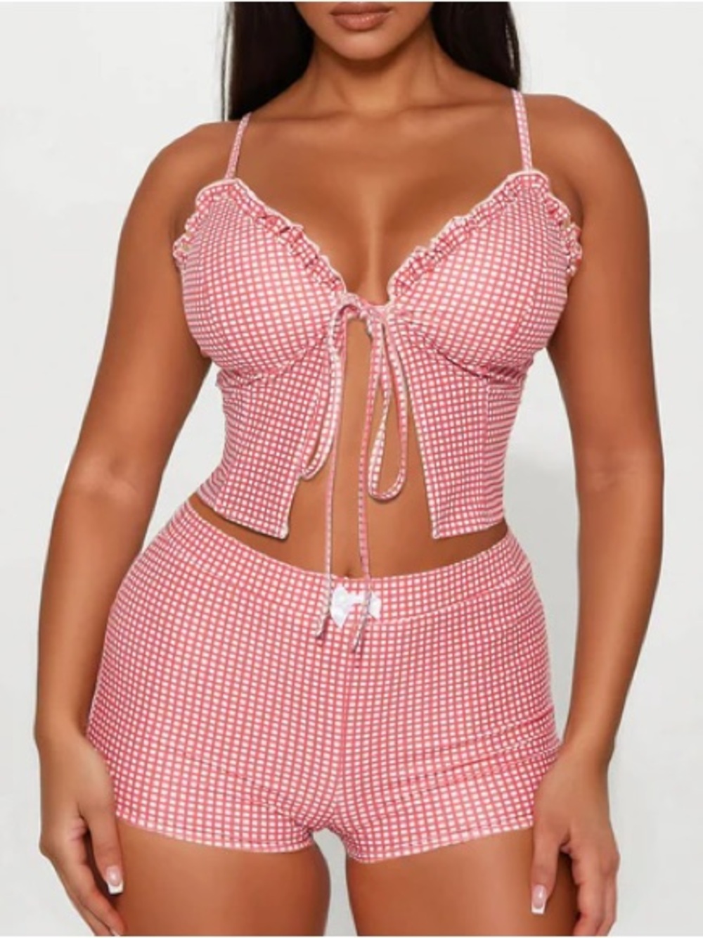 Pink Gingham Tie-Front Crop Top & Shorts Set